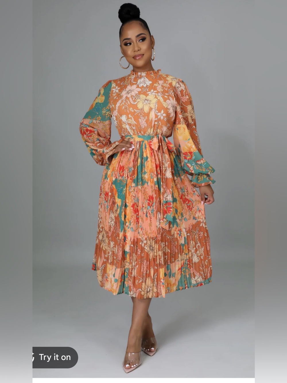 High-Neck Floral Midi Dress‎ in Rust Multi
